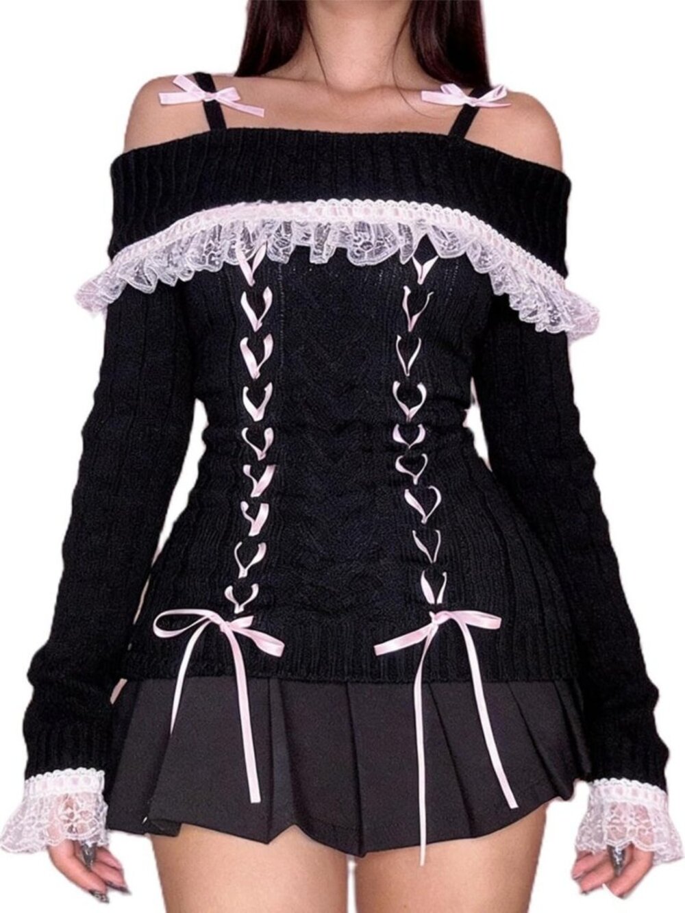 Y2K Kawaii Off-Shoulder Sweater with Lace Trim | Coquette Knit Pullover for